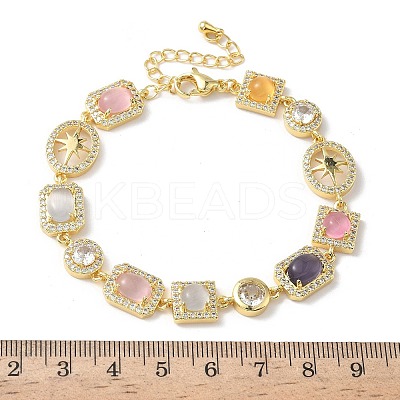 Brass Micro Pave Cubic Zirconia & Cat Eye Rectangle & Square & Oval Link Chain Bracelets for Women BJEW-G764-08G-1