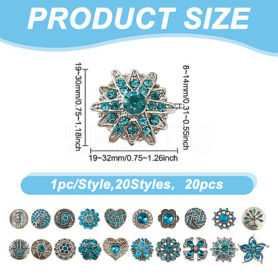 20Pcs Alloy Rhinestone Snap Button BUTT-GO0001-03B-1