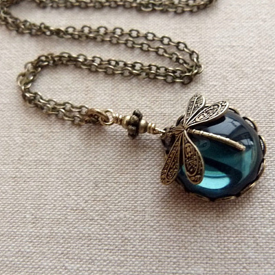 Bohemian Flat Round with Dragonfly Pattern Alloy Dark Cyan Glass Pendant Necklaces for Women FS-WG33723-01-1