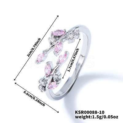 Exquisite Brass Cubic Zirconia Willow Leaf Cuff Rings for Women UN6923-10-1