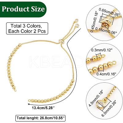 6Pcs 3 Colors Half Finished Brass Cubic Zirconia Slider Bracelets ZIRC-NB0002-02-1
