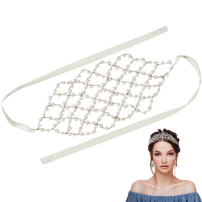 Brass ABS Plastic Pearl Beaded Elastic Headband OHAR-WH20008-02G-1