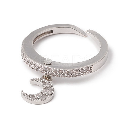 Clear Cubic Zirconia Moon Charm Open Cuff Ring RJEW-F124-02P-1
