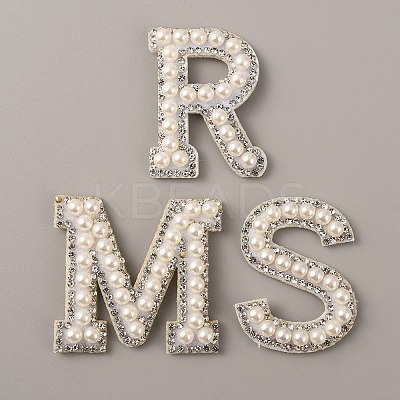 Letter.M/R/S Plastic Imitation Pearl Beaded Iron on Appliques for Wedding PATC-WH0005-03-1