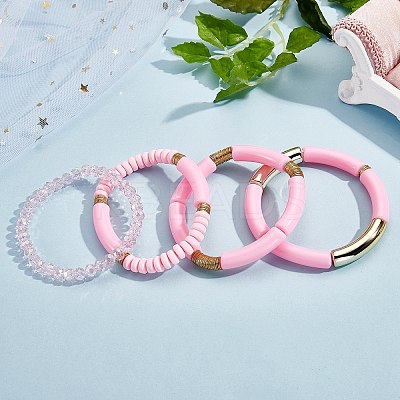 4Pcs 4 Style Acrylic Chunky Curved Tube Stretch Bracelet Sets BJEW-SW00074-04-1