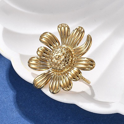 Flower 304 Stainless Steel Open Cuff Ring for Women LS-RJEW-M049-04G-1