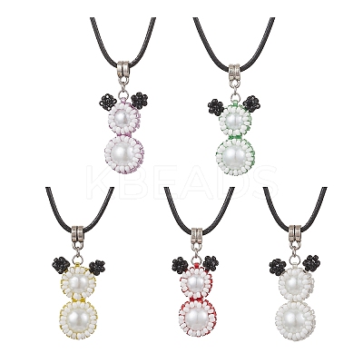 Glass Seed Beads & Glass Pearl Round Beaded Bear Pendant Waxed Cotton Cord Necklaces for Women Men NJEW-MZ00126-1