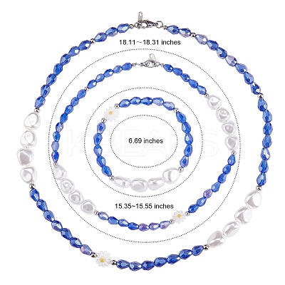 3Pcs Natural Shell & Plastic Pearl Flower & Glass Beaded Necklaces and Stretch Bracelet Set SJEW-SW00010-03-1