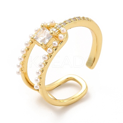 Clear Cubic Zirconia Square Knot Open Cuff Ring with Plastic Pearl Beaded KK-H439-14G-1