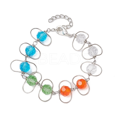 Copper Wire Wrapped Colorful Faceted Glass Round Bead Link Bracelets for Women BJEW-JB10320-1