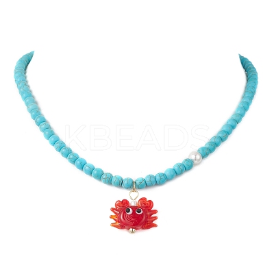 Summer Beach Handmade Lampwork Red Crab Pendant Synthetic Turquoise Round Beaded Nekclaces NJEW-JN05916-1
