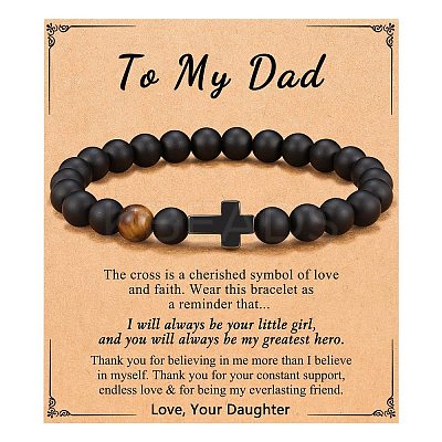Cross Natural Tiger Eye & Frosted Black Obsidian Round Beads Stretch Bracelets for Men Women WG92FBF-03-1