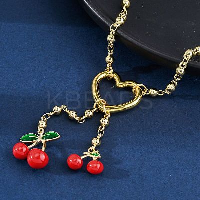 Heart & Cherry Brass Red Enamel Pendant Necklaces for Women NJEW-G162-02G-1