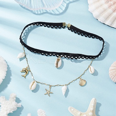 304 Stainless Steel Starfish & Shell & Dolphin Tassel Thigh Leg Chains AJEW-AN00654-1