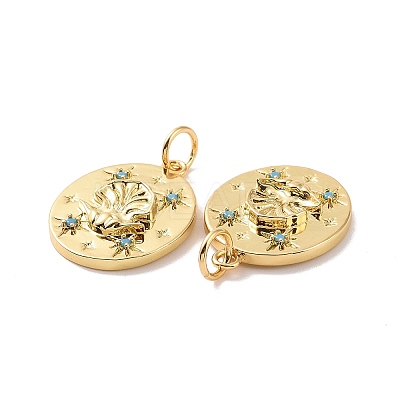 Oval with Shell Pattern Brass Micro Pave Cubic Zirconia Pendants KK-G435-10G-1