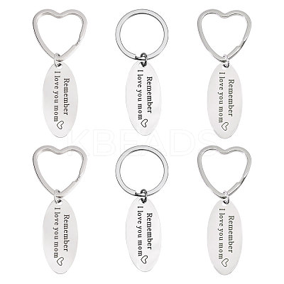 6Pcs 2 Styles Mother's Day Oval with Word Remember I Love You Mom Stainless Steel Keychain AJEW-GO0001-57-1