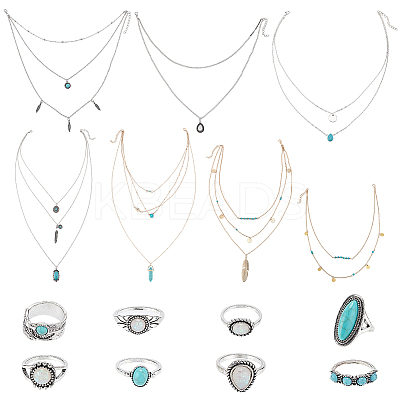 15Pcs 15 Style Oval & Teardrop & Feather Synthetic Turquoise Pendants Multi-layer Necklaces & Finger Rings SJEW-AN0001-43-1