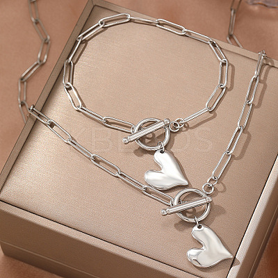 304 Stainless Steel Heart Charm Bracelets & Pendant Necklaces Sets for Women WG287A9-02-1