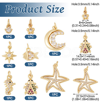 8Pcs 8 Styles Brass Micro Pave Cubic Zirconia Pendants KK-TA0002-53-1