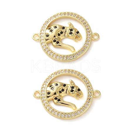 Rack Plating Brass Black Cubic Zirconia Flat Round with Leopard Connector Charms KK-C084-16G-1