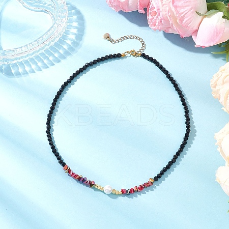 Shell Pearl & Faceted Round Black Glass Beaded Necklaces NJEW-JN05455-1