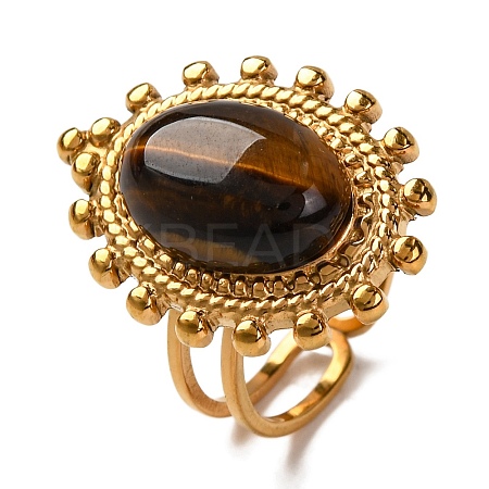 Oval Natural Tiger Eye Finger Rings RJEW-Q822-08G-1