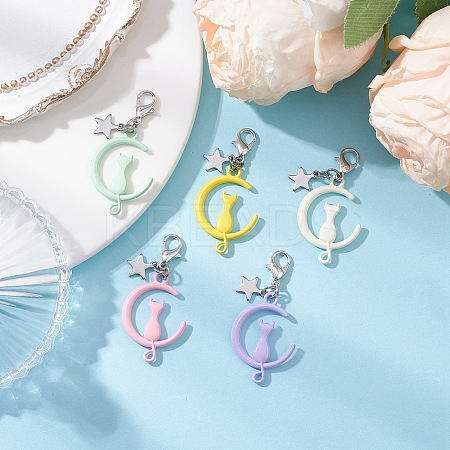 Spray Painted Alloy Moon with Cat Pendant Decoration HJEW-JM03198-1