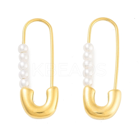 Ion Plating(IP) 304 Stainless Steel & Plastic Imitation Pearl Safety Pin Hoop Earrings for Women EJEW-C096-05G-1