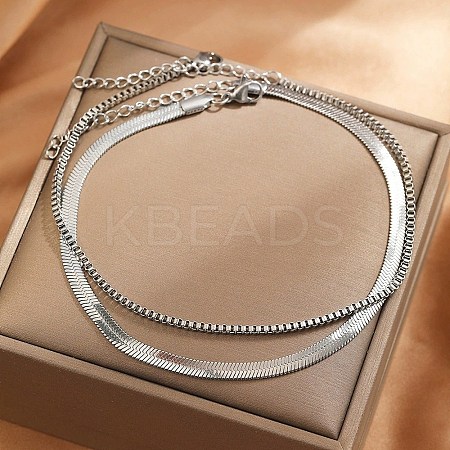 304 Stainless Steel Flat Snake Chain & Box Chain Double Layer Anklets for Women AJEW-F069-02P-1