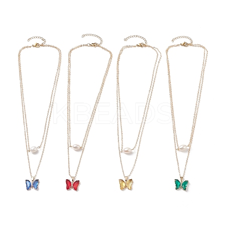 4Pcs 4 Color Glass Butterfly & Natural Pearl Pendants Double Layer Necklaces Set with Clear Cubic Zirconia NJEW-TA00043-1