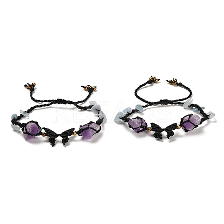 Natural Amethyst & Aquamarine & Synthetic Hematite Nuggets Braided Bead Bracelet BJEW-B073-01B-1