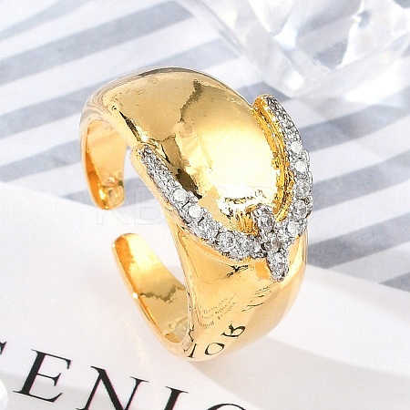 Brass Micro Pave Clear Cubic Zirconia Open Cuff Rings for Women LS-RJEW-R011-03G-02-1