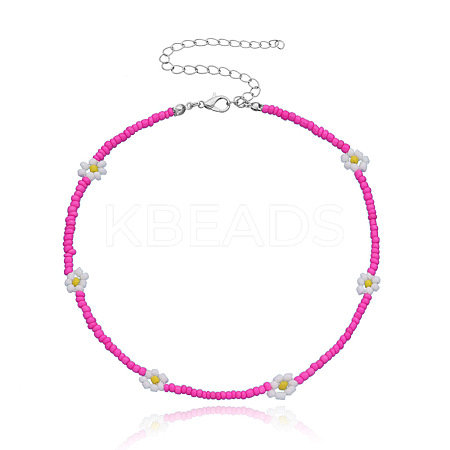 Bohemian Daisy Flower Glass Seed Beaded Necklaces with Alloy End Chains FS-WGC49A6-13-1