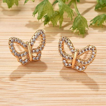 Butterfly Brass Micro Pave Clear Cubic Zirconia Stud Earrings for Women EJEW-G428-07G-1
