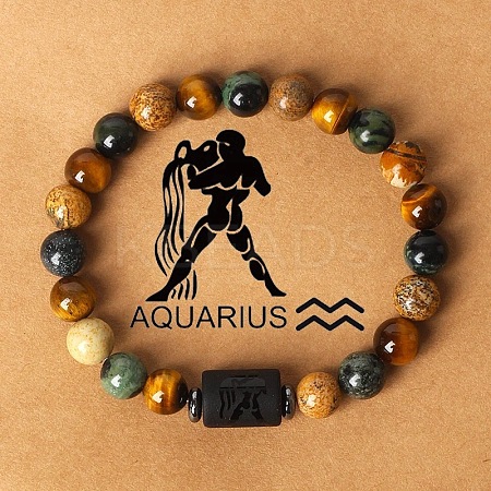 12 Constellations Natural Tiger Eye & Picture Jasper Round Beaded Stretch Bracelets for Men Women WG21EC3-10-1