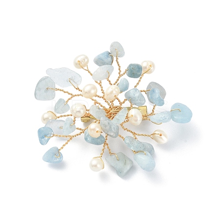 Natural Aquamarine Chips & Pearl Beaded Flower Brooch Pin JEWB-BR00098-04-1