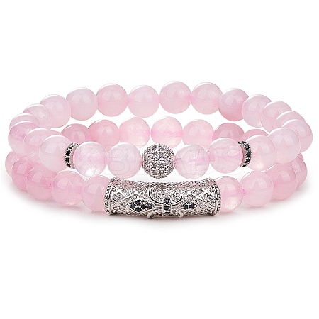 2Pcs 2 Style Natural Rose Quartz Stretch Bracelets Set BJEW-SW00095-1