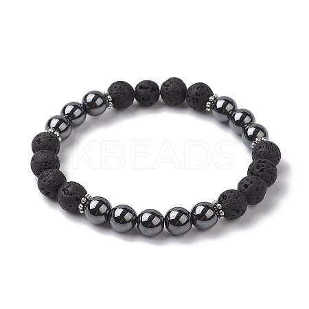 8mm Round Synthetic Non-Magnetic Hematite & Natural Lava Rock Beaded Stretch Bracelets for Women Men BJEW-JB10533-04-1