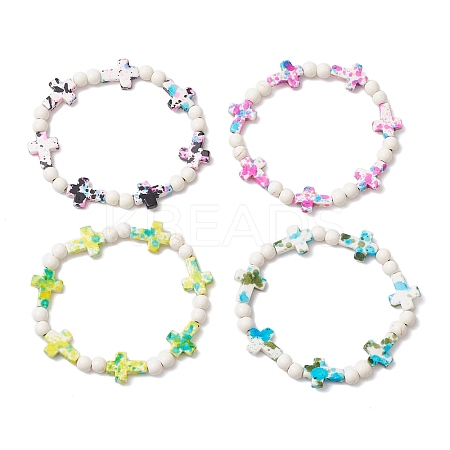 4Pcs 4 Colors Dyed Synthetic Turquoise Round Beads Stretch Bracelets for Women Men BJEW-JB11609-1
