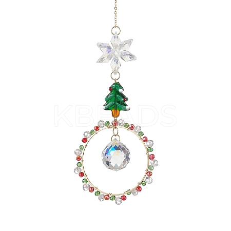 Christmas Wire Wrapped Glass Beads Ring Hanging Ornaments HJEW-TA00202-1