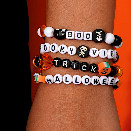 4Pcs Spooky Halloween Acrylic & Glass Beaded Stretch Bracelets EK3057-1-1