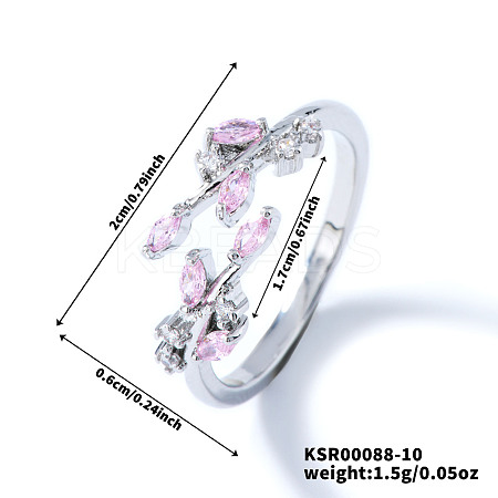 Exquisite Brass Cubic Zirconia Willow Leaf Cuff Rings for Women UN6923-10-1
