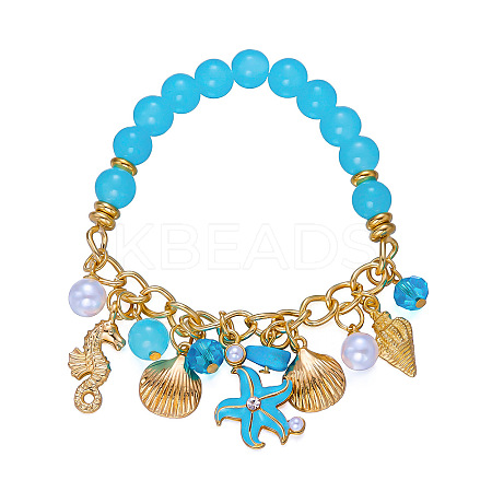 Ocean Alloy Enamel Starfish Shell Shape Multi Charm Round Plastic Beaded Stretch Bracelets for Women WG120C7-02-1