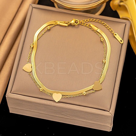 304 Stainless Steel Double Layer Heart Link Chain Anklets for Women LS-AJEW-Q012-01G-1
