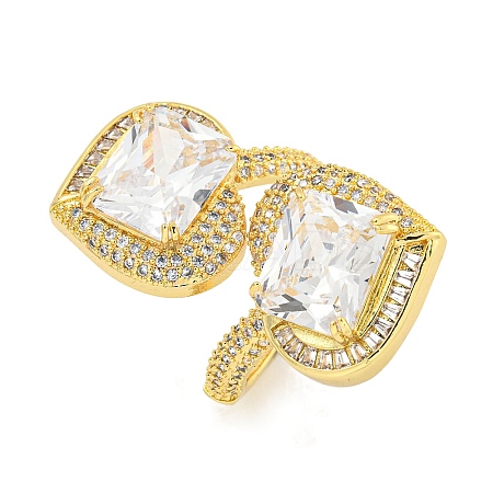 Rack Plating Brass Micro Pave Cubic Zirconia Heart Open Cuff Ring for Women RJEW-C082-16G-1
