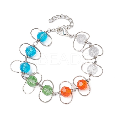 Copper Wire Wrapped Colorful Faceted Glass Round Bead Link Bracelets for Women BJEW-JB10320-1