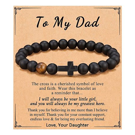 Cross Natural Tiger Eye & Frosted Black Obsidian Round Beads Stretch Bracelets for Men Women WG92FBF-03-1