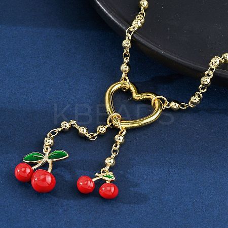 Heart & Cherry Brass Red Enamel Pendant Necklaces for Women NJEW-G162-02G-1