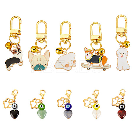 4 Sets 2 Style Natural Gemstone Heart & Enamel Dog Brass Bell Pendant Decorations HJEW-GA0001-39-1
