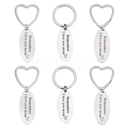 6Pcs 2 Styles Mother's Day Oval with Word Remember I Love You Mom Stainless Steel Keychain AJEW-GO0001-57-1